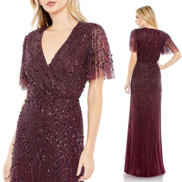 Mac Duggal 35109 Size 2 Surplice Bodice Leafy Embellished Flutter Sleeves Gown - Picture 1 of 8